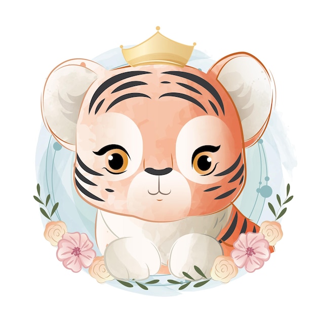 Vector baby tiger girl in a flower wreath