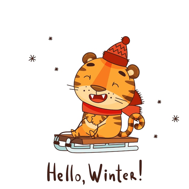 Baby tiger in a hat and scarf rides on a sled, snowflakes are falling. lettering hello, winter.