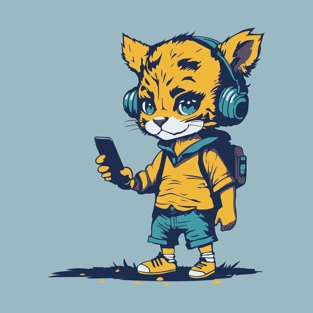 Vector a baby tiger wearing headphones with a smartphone