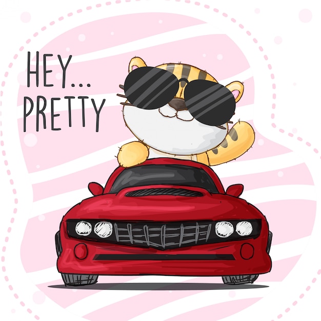 Vector baby tigers on car hand drawn animal-vector