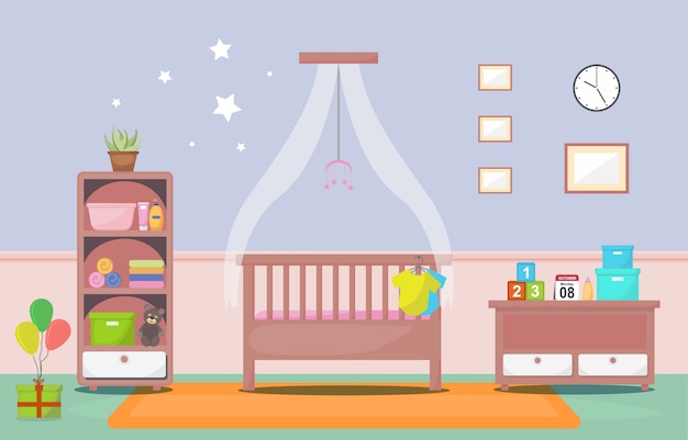 Vector baby toddler children bedroom interior room furniture