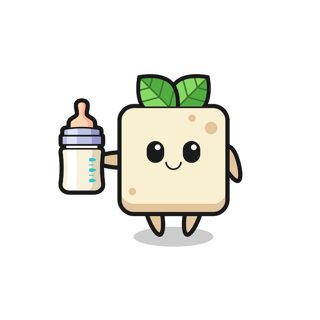 Baby tofu stripfiguur met melkfles, schattig stijlontwerp voor t-shirt, sticker, logo-element