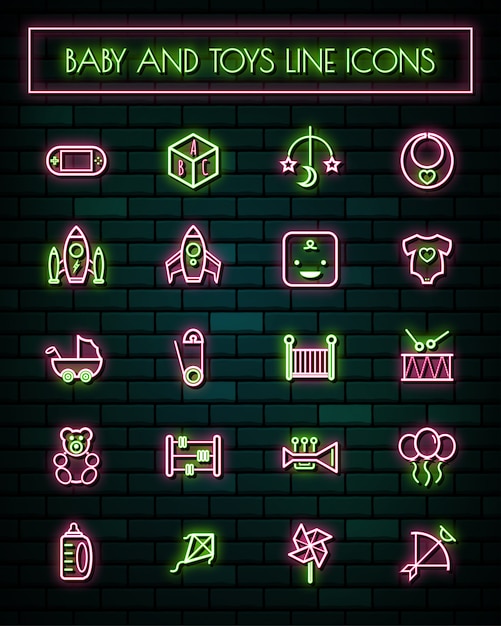 Baby tools thin neon glowing line icons set.