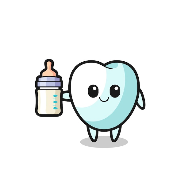 Baby tooth cartoon character with milk bottle