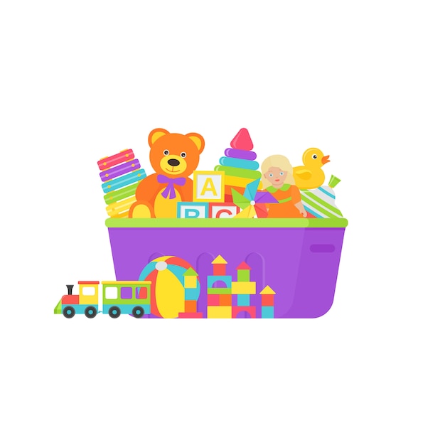 Детские игрушки в коробке. иллюстрация в плоском дизайне.