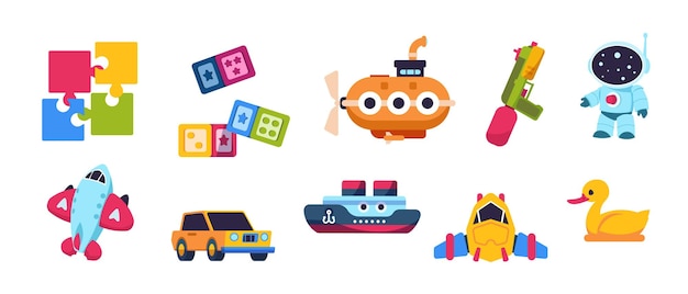 Baby toys. cartoon kid submarine car spaceship boat and plane transport, puzzle constructor and bath duck. vector isolated cute collection of toys for kids on white background