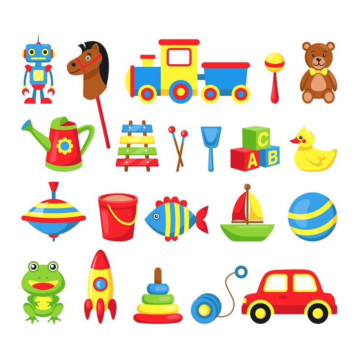 वेक्टर baby toys child play game stuff set vector isolated icon of kid toys