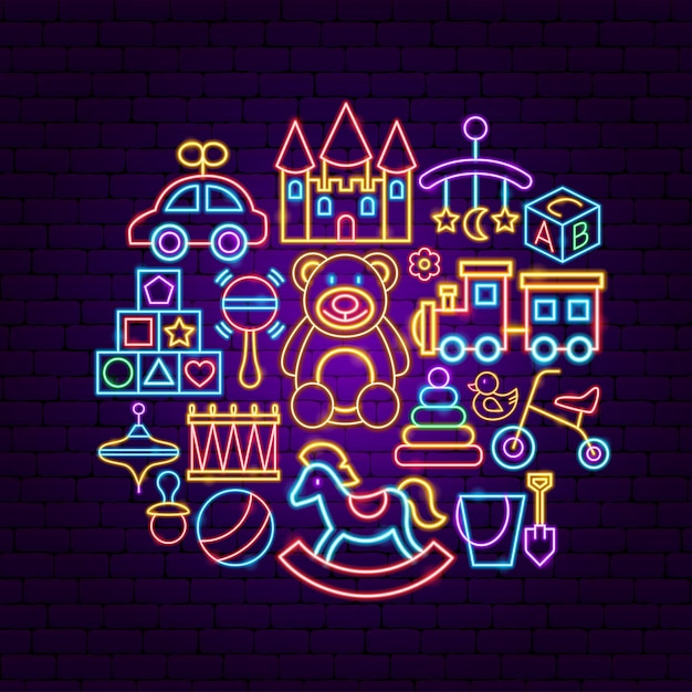 Baby Toys Neon Concept. Vector Illustration of Children Promotion.