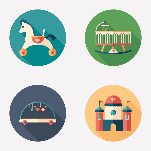 baby toys and recreation flat round icon set.