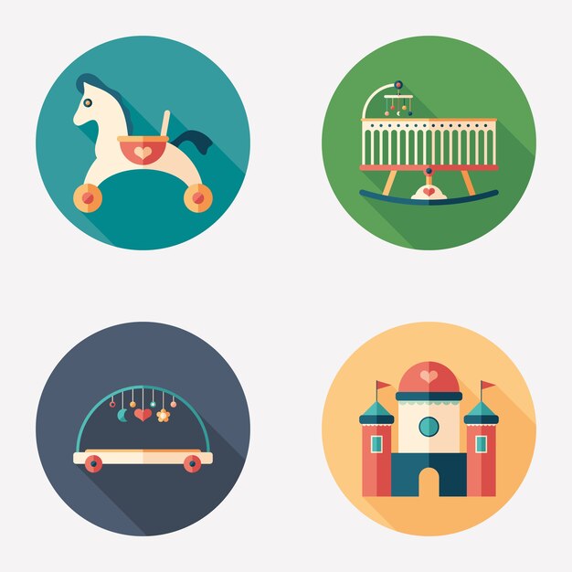 Baby toys and recreation flat round icon set.