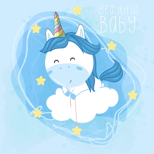 Vector baby unicorn flying with cloud and stars