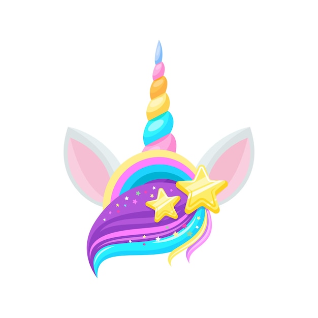 ベクトル 角の髪の赤ちゃんユニコーンの頭キラキラと金色の星で飾られた色の虹で飾られたフラット漫画のアイコンベクトルおとぎ話の動物の頭の耳かわいい魔法の馬の頭の輝き
