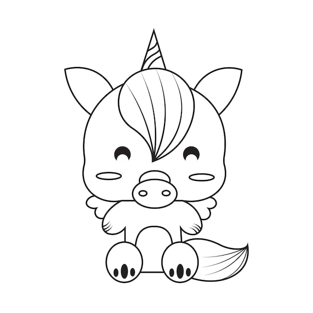Vector baby unicorn sitting on cloud coloring page black and white cartoon illustration