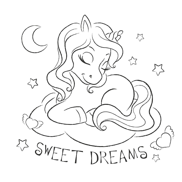 Vector baby unicorn sleeping on a cloud with moon and stars