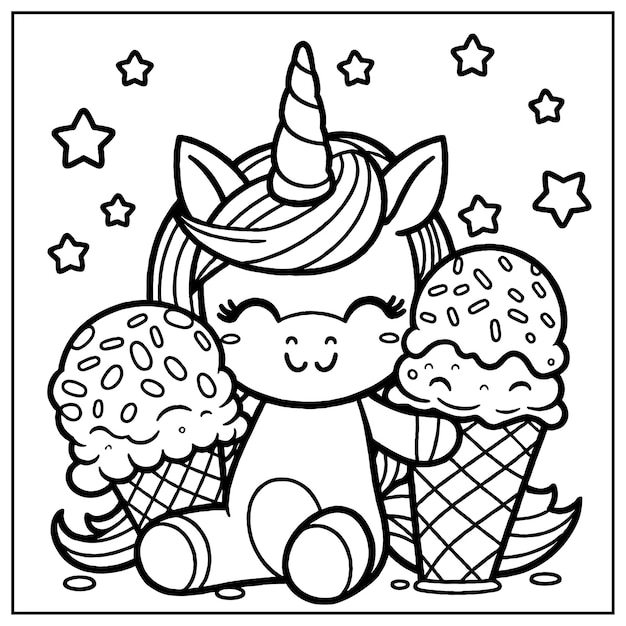 Pagina da colorare un bambino unicorno con due coni di gelato