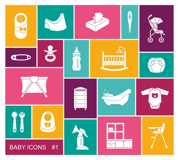 Baby vector icons set in flat style