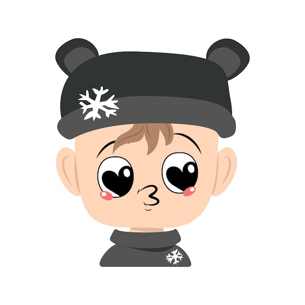 Vector baby with big heart eyes and kiss lips in bear hat with snowflake cute kid with loving face in carni...