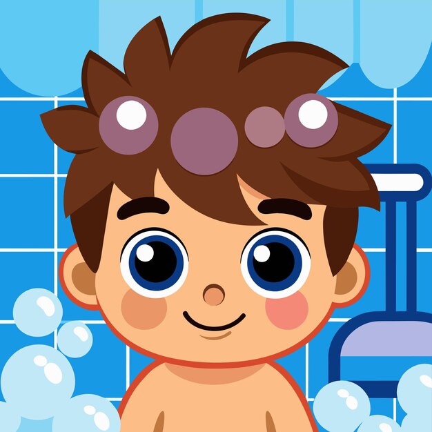 Vector a baby with blue eyes and a pink nose in the bathtub