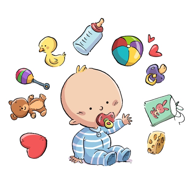 Vector baby with pacifier surrounded by toys