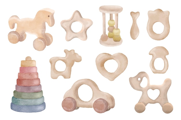 Baby wooden toy teethers for newborns watercolor illustration