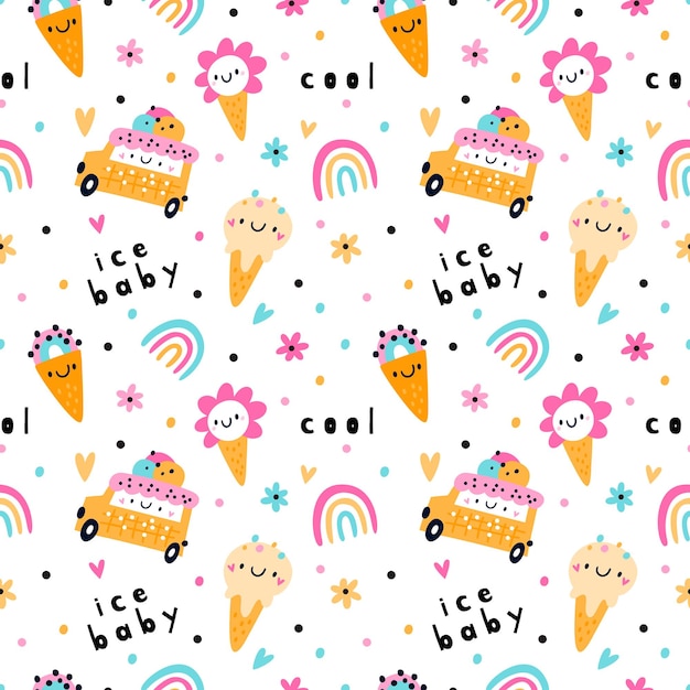 Vector baby zomer patroon met ijs regenboog bloemen naadloos patroon met schattig positief ontwerp