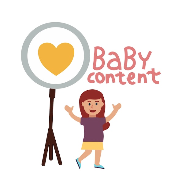 Babyblog. staande glimlach meisje zwaait met handen, blogger geniet van likes. cartoon kind witte geïsoleerde banner met tekst. social media netwerk kid poster. vector schattig schoolmeisje account illustratie