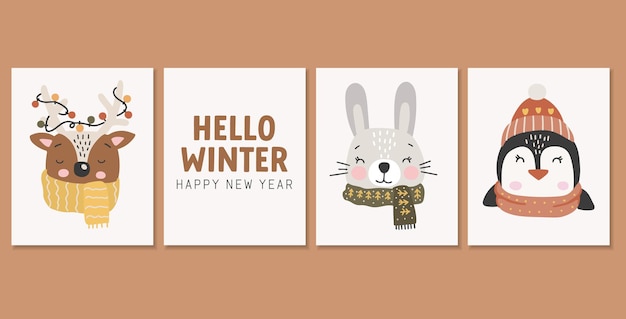 Babydieren set, winter dieren collectie, schattige dieren cartoon vector, dik gekleed huisdier