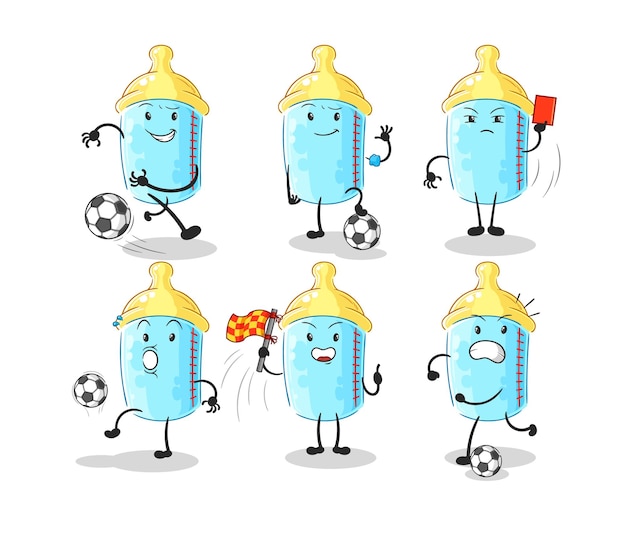 Babyfles voetbal groep karakter cartoon mascotte vector