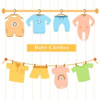 Babykleertjes hangen aan displayrekken en touwen