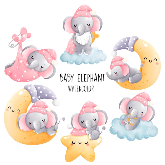 Babymeisje, collectie babyolifant, vectorillustratie