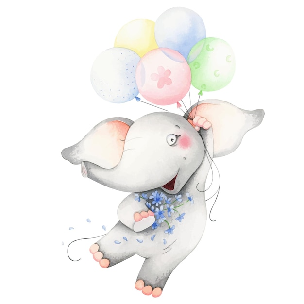 Babyolifant met ballonnen aquarel dieren geïsoleerd op witte achtergrond