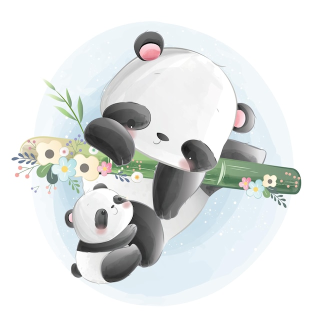 Vector babypanda hangt aan mama panda