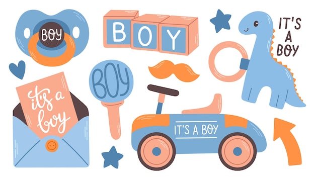 Babyshower Het is een jongen. Vectorillustratie voor de douche van de babyjongen en babypunten.