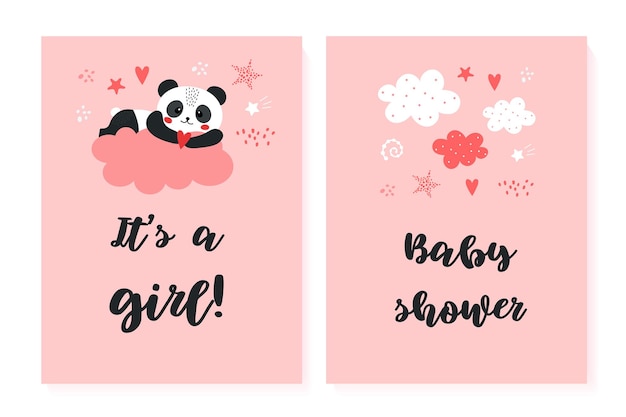 Babyshowerposters met Panda Vector-uitnodiging met schattige illustraties