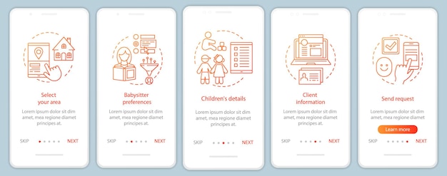 Babysitter boeking onboarding mobiele app pagina scherm vector sjabloon. Reservering kinderopvang. Nanny bureau. Doorloop websitestappen met lineaire illustraties. UX, UI, GUI smartphone-interface