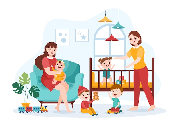 Babysitter or Nanny Services to Care for Baby Needs and Play with Children on Flat Illustration