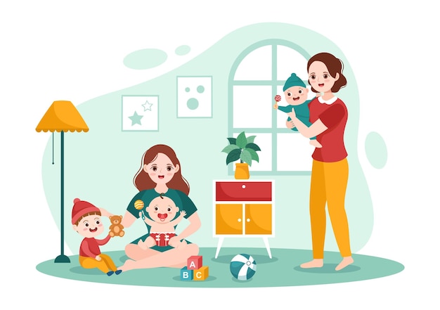 Babysitter or Nanny Services to Care for Baby Needs and Play with Children on Flat Illustration