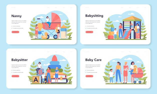 Babysitter service or nanny agency web landing page set. In-home babysitter. Woman taking care of baby, playing with child. Isolated vector illustration