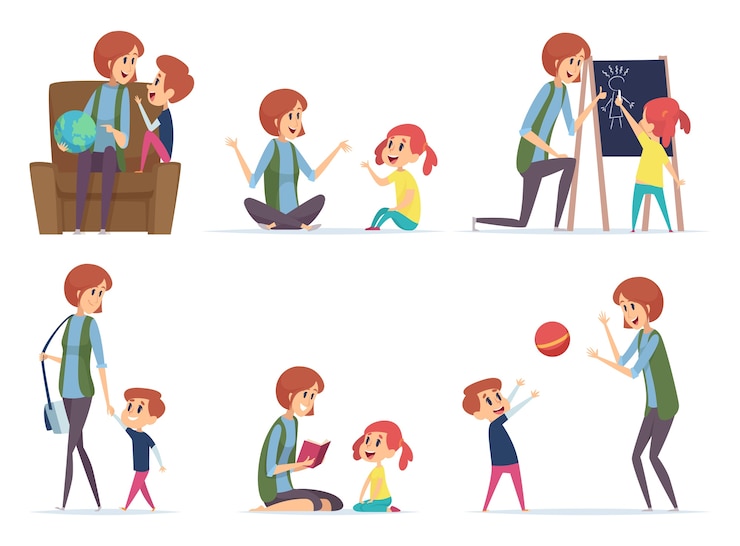 Vector babysitters. nanny playing with kids preschool childrens busy parents mom vector cartoon characters. babysitter or nanny with kids boy and girl illustration