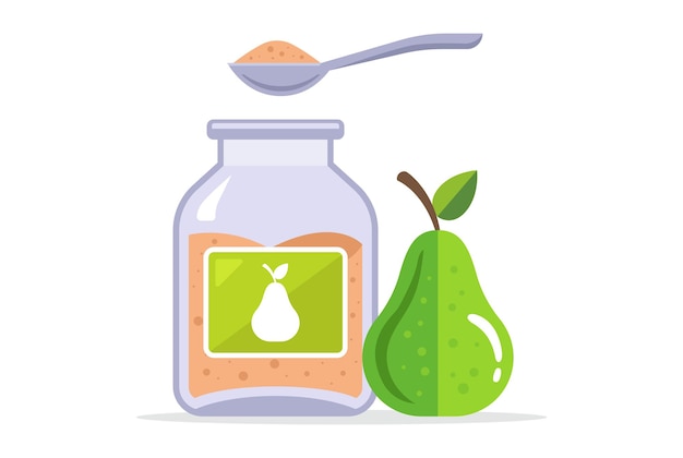 Babyvoeding in een glazen pot. peer puree. fruitdessert. platte vectorillustratie.