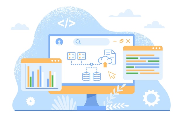 Vettore back end sviluppare concetto programmazione e sviluppo di programmi e applicazioni mobili computer con righe di codice ottimizzazione di siti web e pagine web illustrazione vettoriale piatta dei cartoni animati