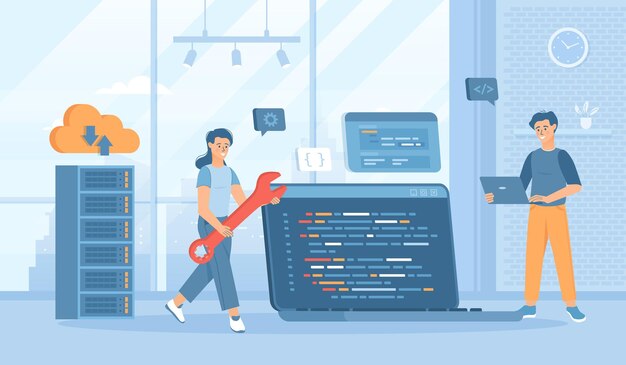 后端开发编码和编程软件工程过程 平面卡通向量幻觉