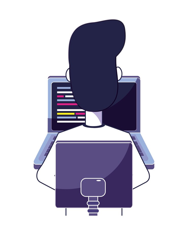 Vector back man sitting with computer code technology