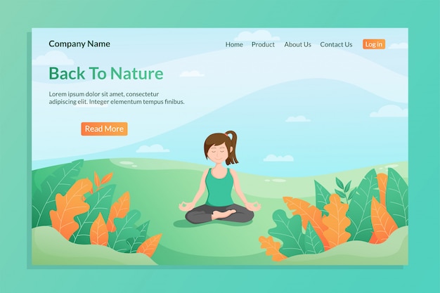 back to nature landing page template with young woman meditation