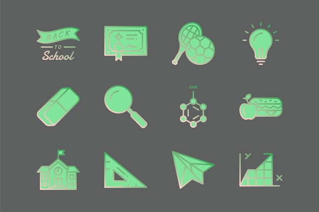 Back to school 12 icons on a dark green background