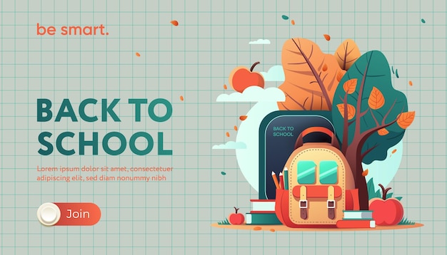 Back to school advertising web banner with backpack autumn trees and books vector illustration