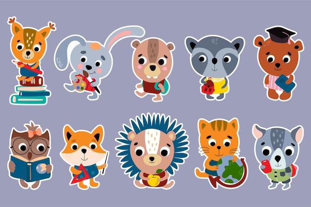 Back to school. Animal stickers set. Vector illustration.