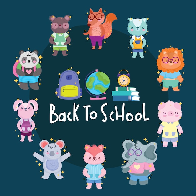 Back to school animals cartoons circle with icons design, eduacation class and lesson theme Vector