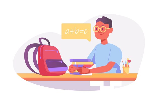 学校に戻って、平らな漫画のデザインで人々のシーンを持つアジアのコンセプト学生は本を詰める