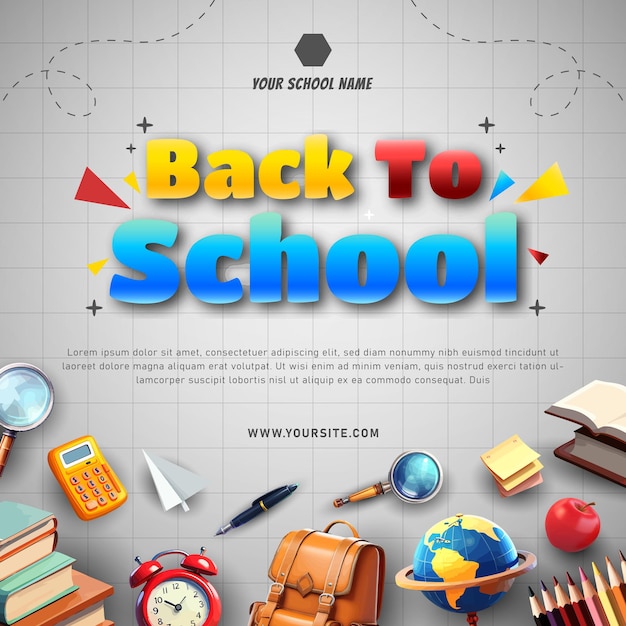 Back to school background and banner with book bag pencil and many stuff for kids